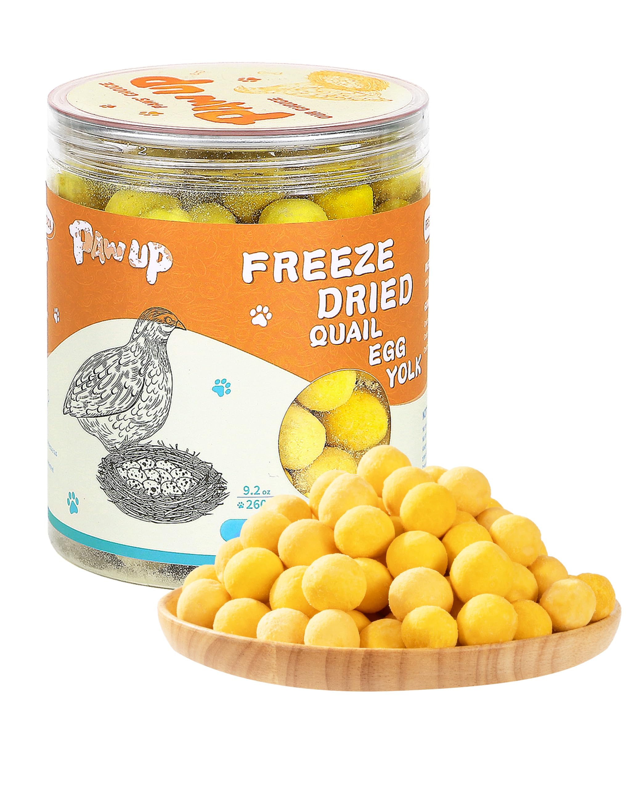 PAWUP packaging photo highlighting pure quail egg yolk treats for pets