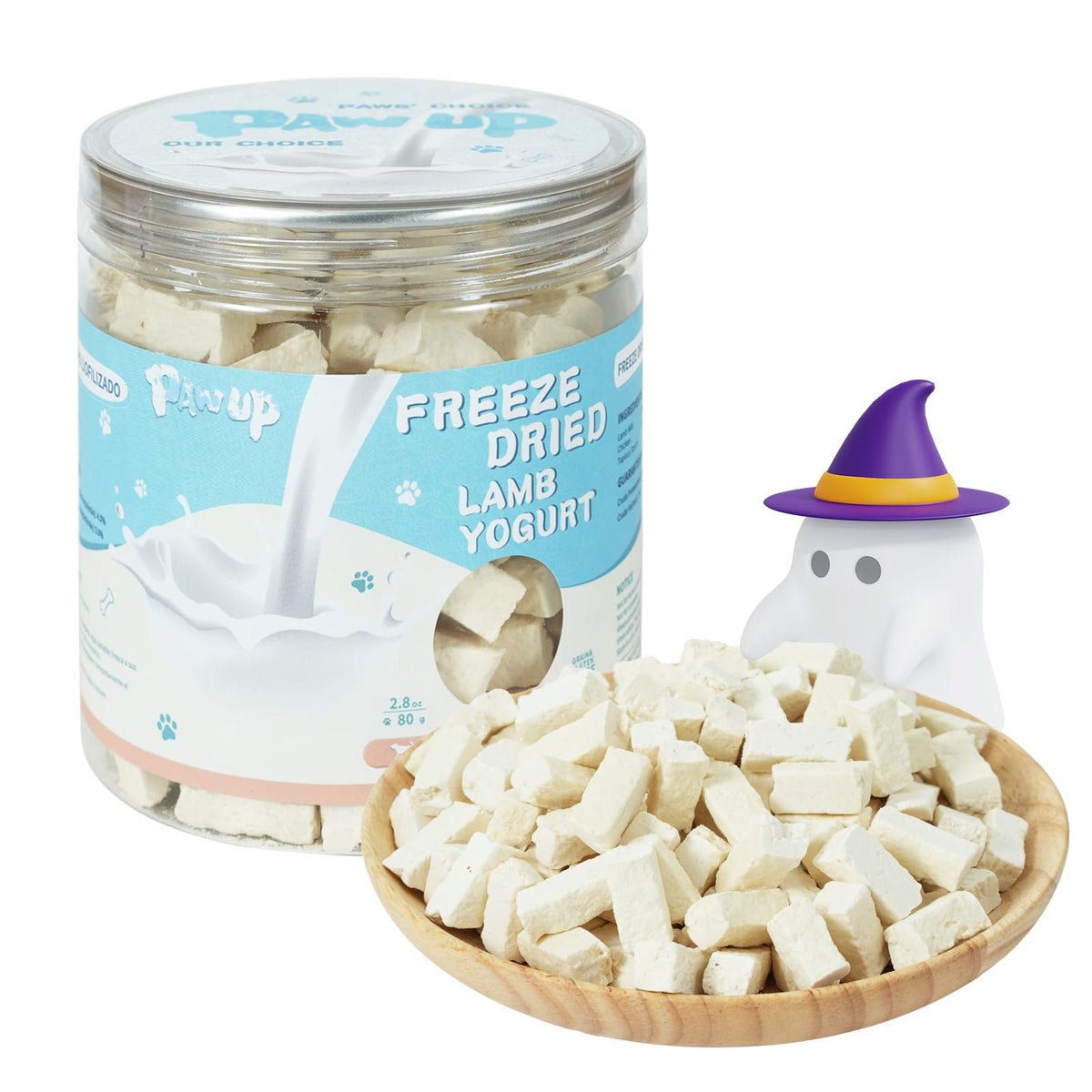 PAWUP freeze-dried treats close-up showing bite-size goat milk yogurt pieces for gentle digestion