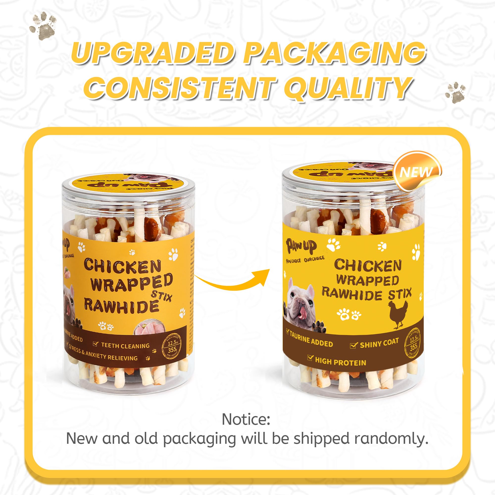 PAWUP protein-low-fat rawhide chew visuals with natural chicken flavor