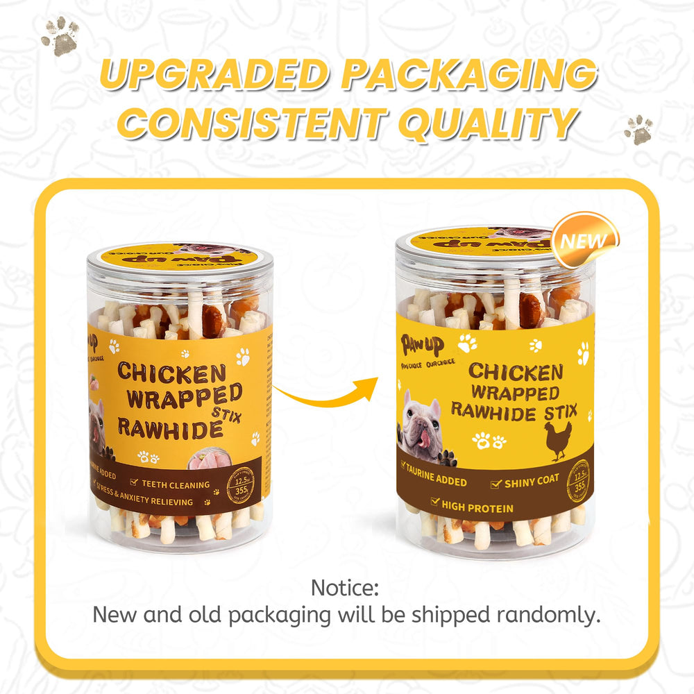 PAWUP protein-low-fat rawhide chew visuals with natural chicken flavor