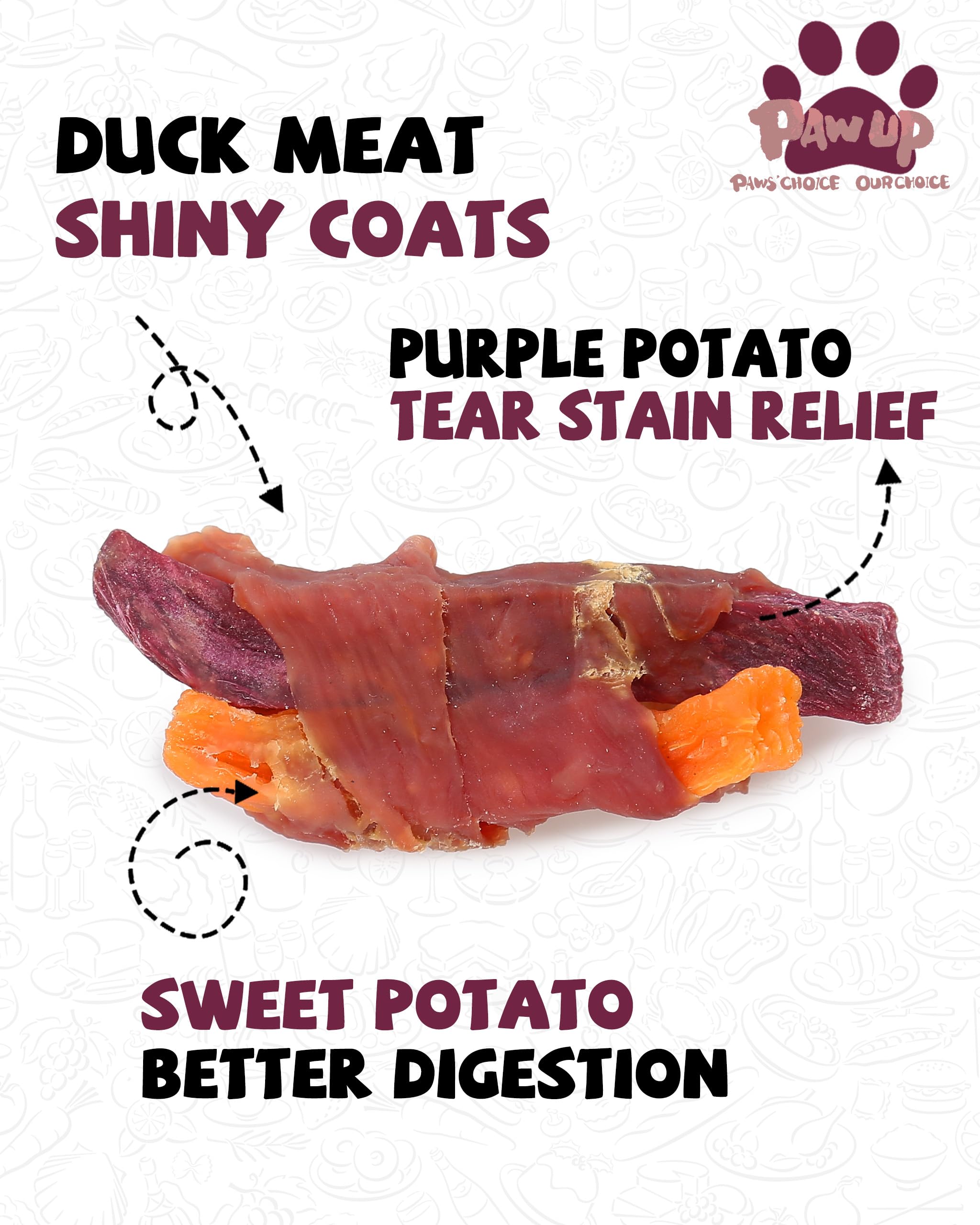 PAWUP sweet potato strips detail highlighting fiber-rich content.