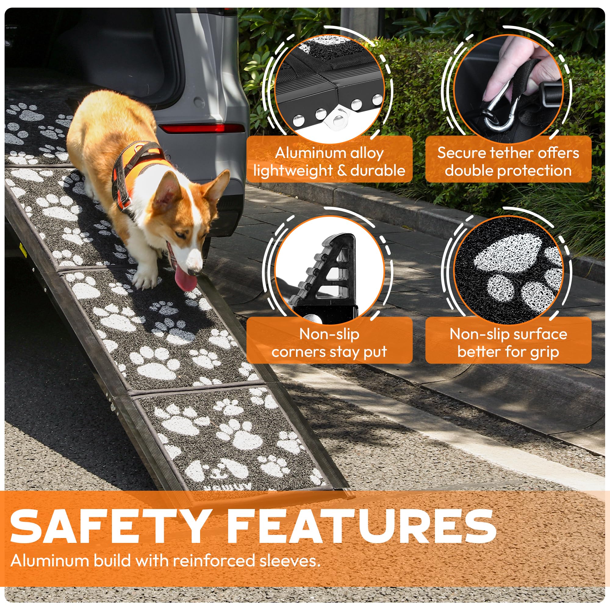 PAWUV dog ramp aluminum build supports up to 250 lb for durability