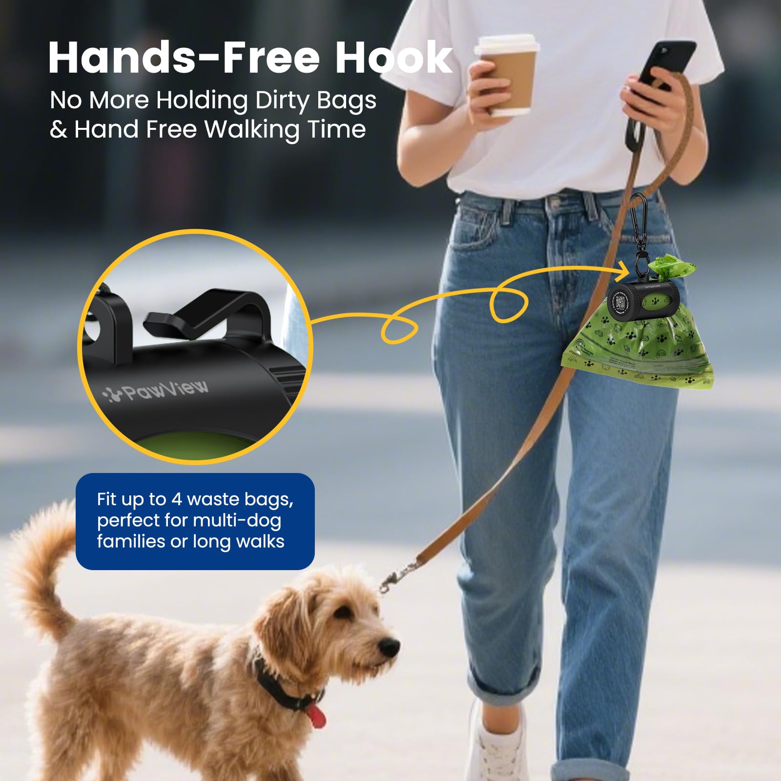 PawView hands-free hook keeping used bags accessible and off hands