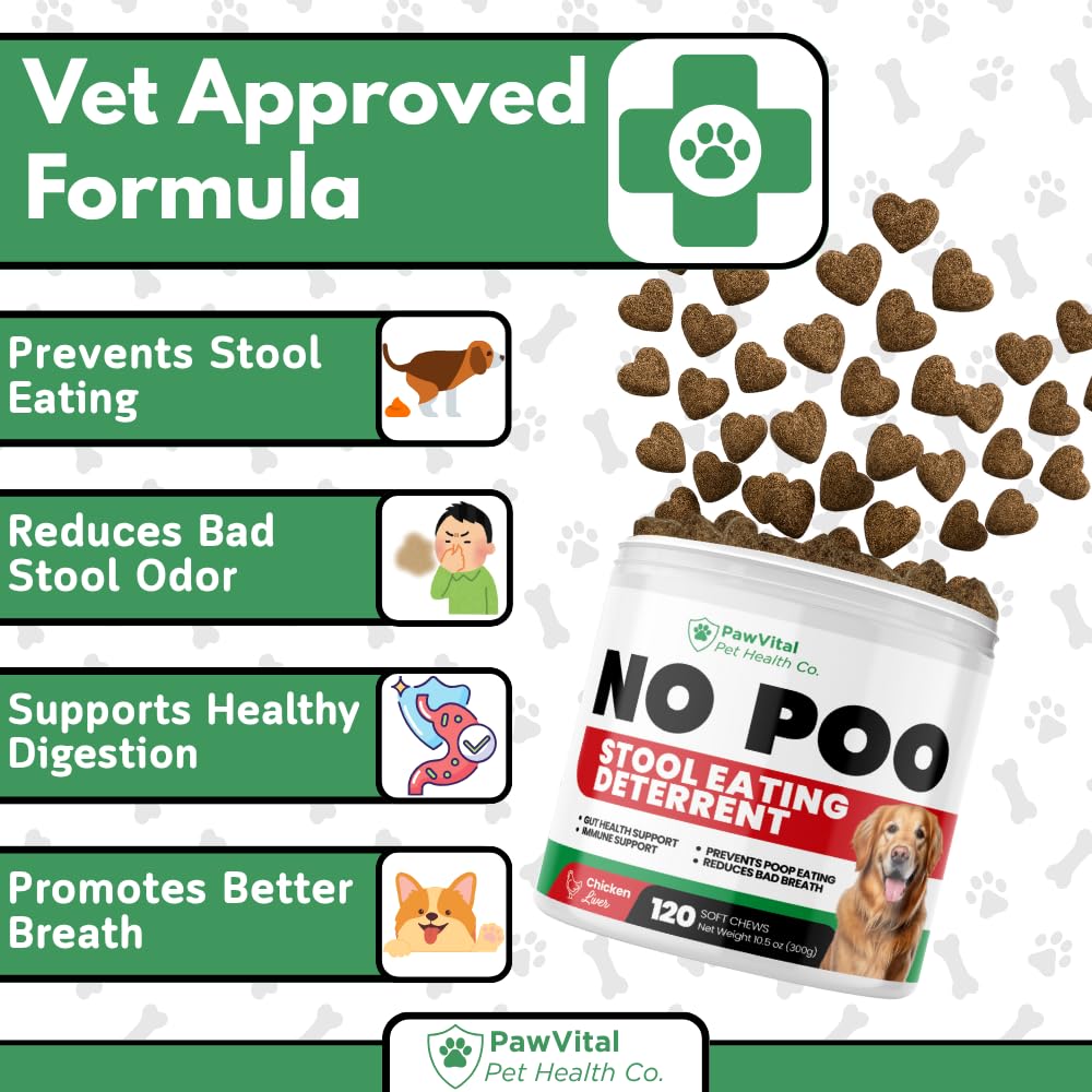 PawVital No Poo Chews with digestive enzymes highlights improved digestion and nutrient absorption.