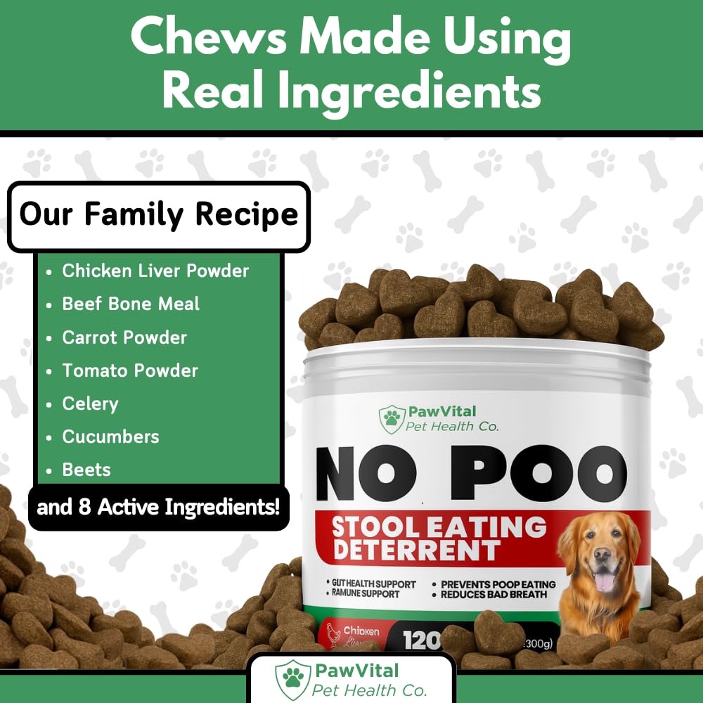 PawVital No Poo Chews soft-chews-jar image conveys 120-count daily support.