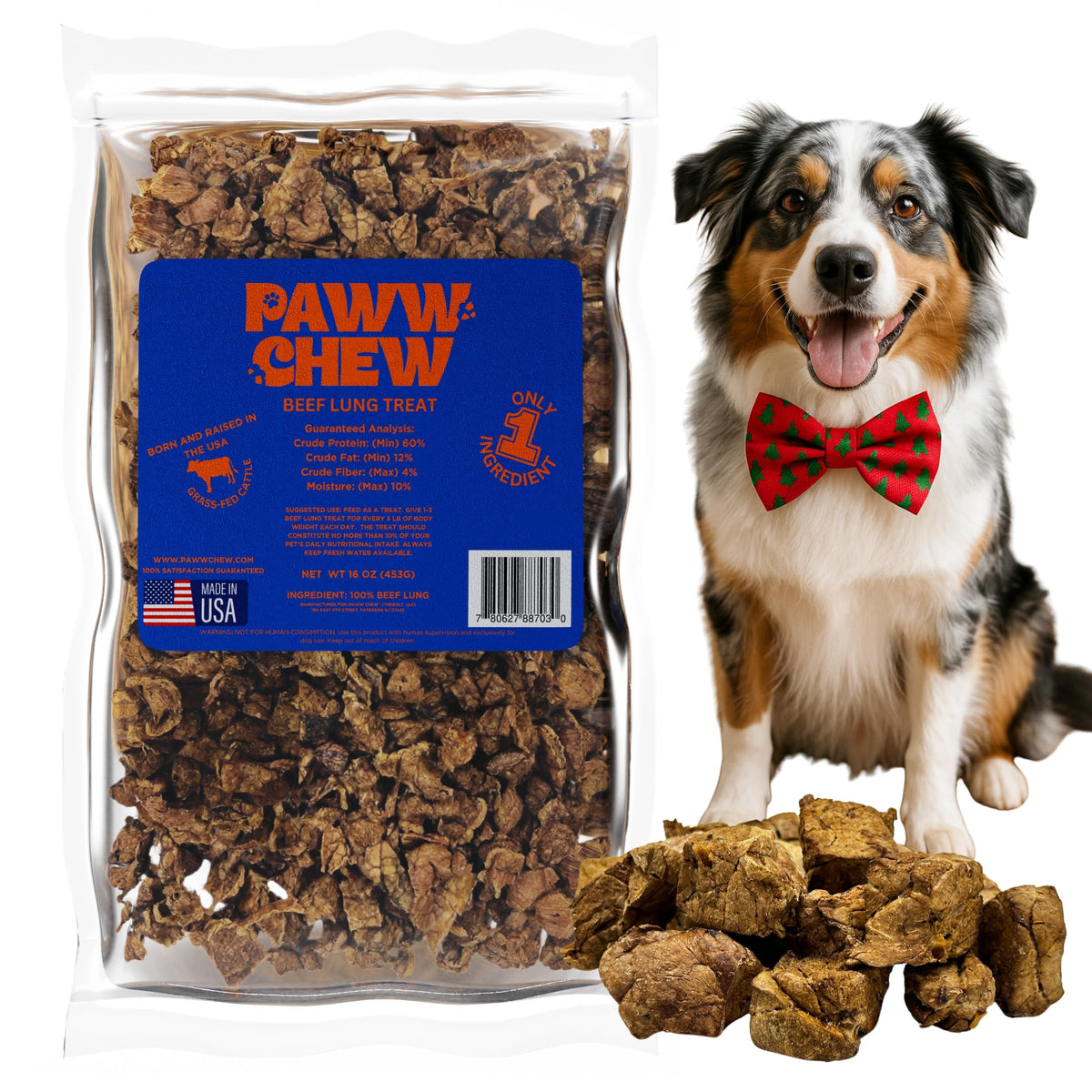 PAWW CHEW Beef Lung Treats packaging closeup shows USA made and grain free quality