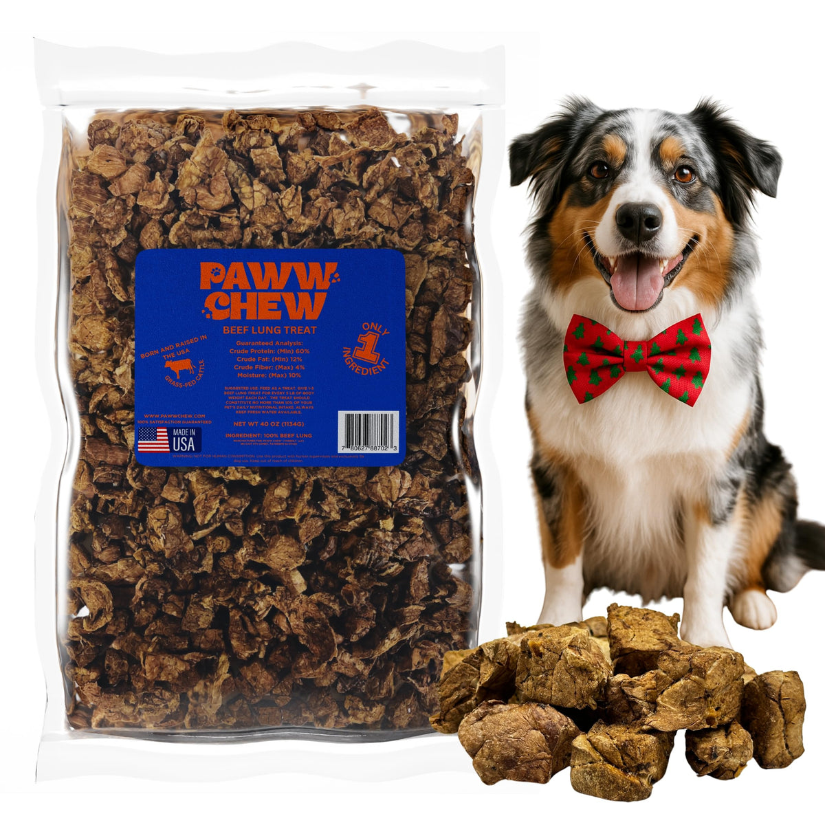 PAWW CHEW beef-lung-treats-packaging shows premium USA-made dog rewards with high protein