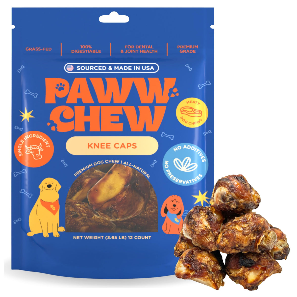 PAWW CHEW knee caps pack front view for long-lasting chews that promote dental health.