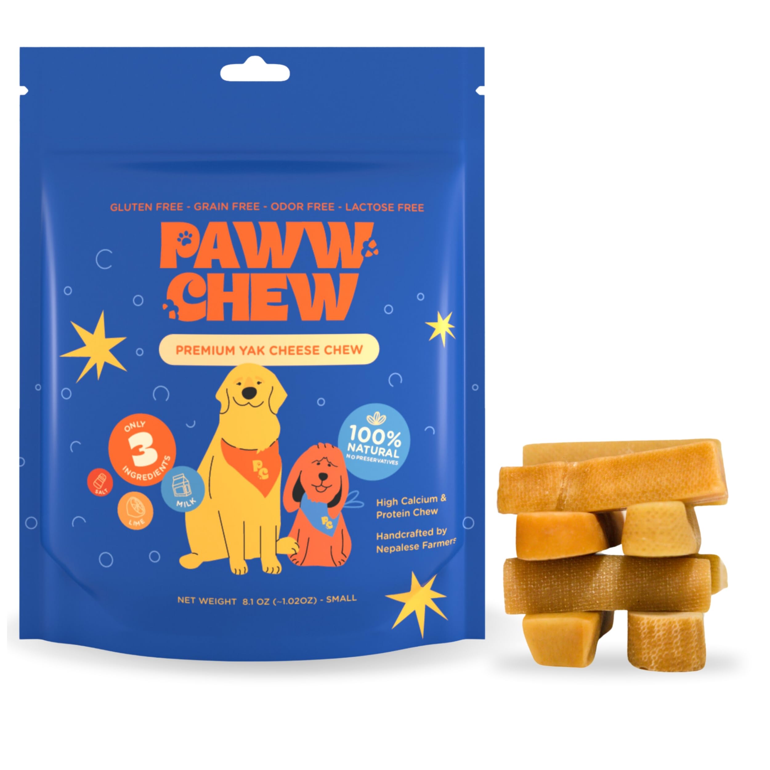 PAWW CHEW Yak Cheese Stick close-up texture highlighting a dense, long-lasting chew for small dogs