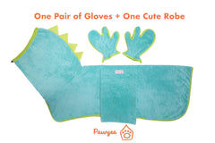 Pawyee blue dino robe worn by dog for warmth
