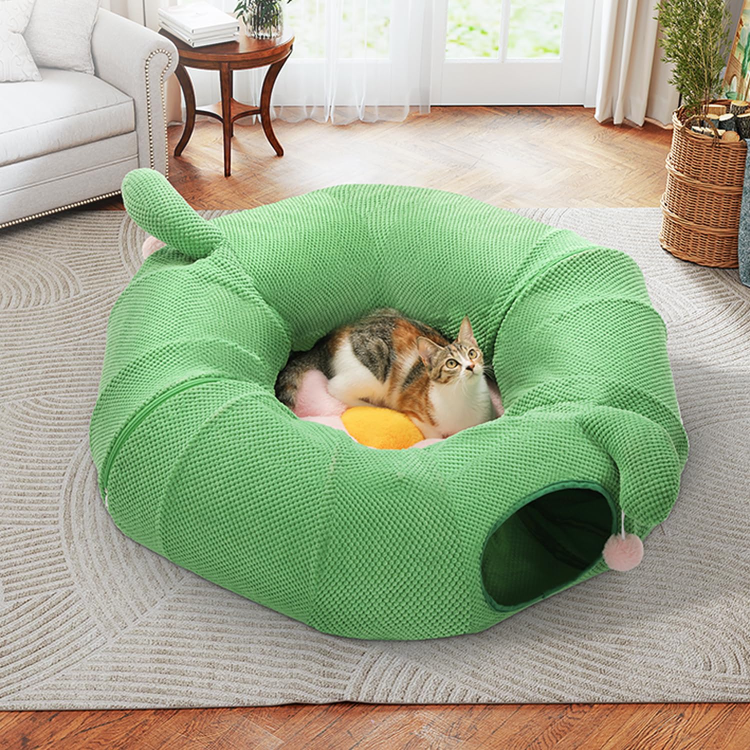 PAWZ Road donut tunnel is machine washable with removable plush mat for easy cleaning