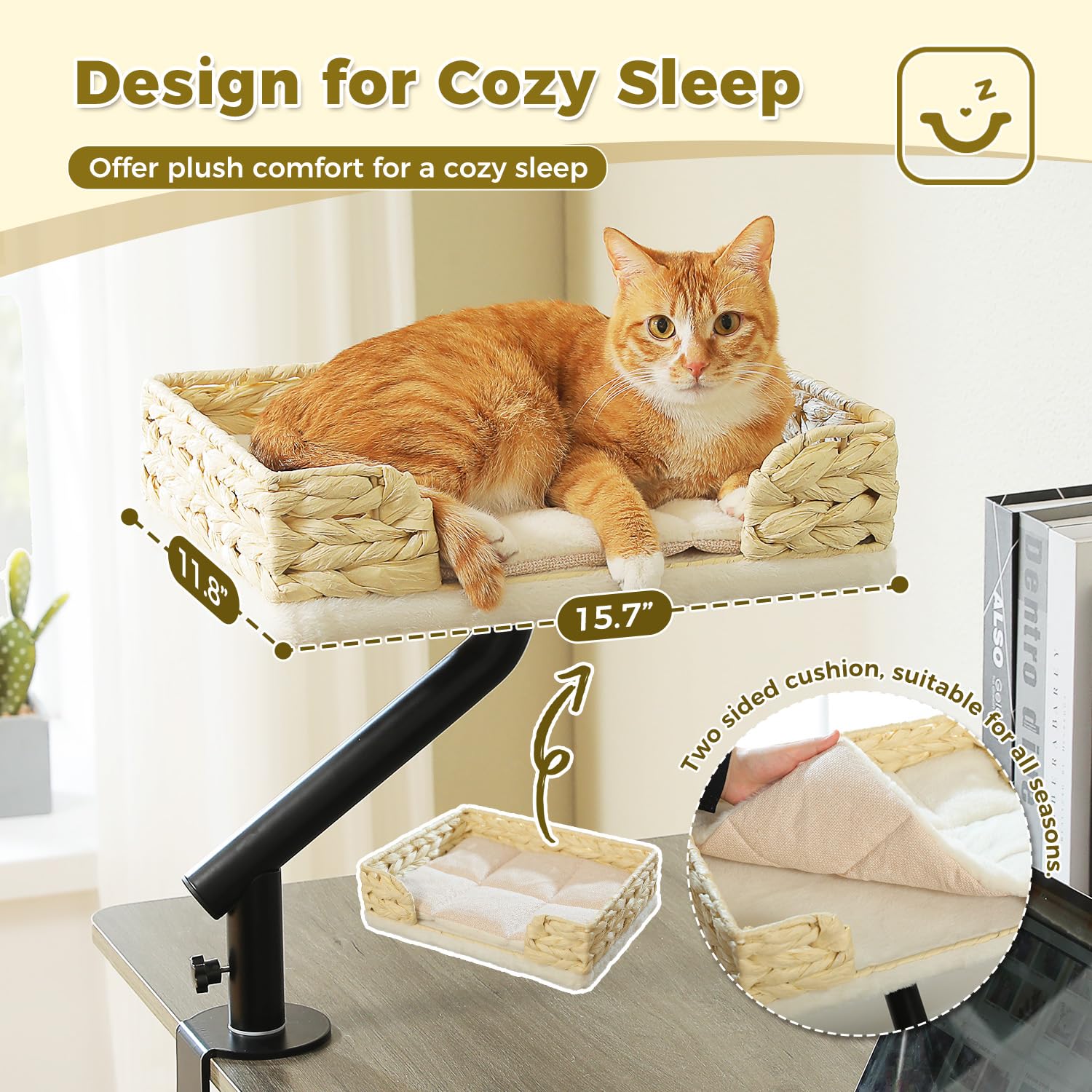 PAWZ Road cat desk bed clamp-on mount system attaches securely to desk edges.