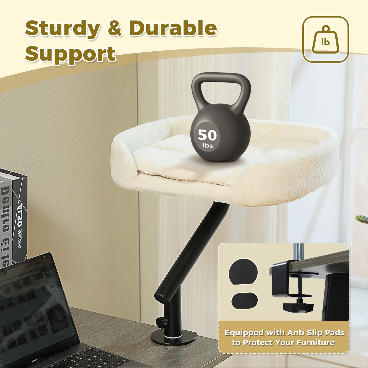 PAWZ Road desk bed features adjustable edge clamp for stable attachment.