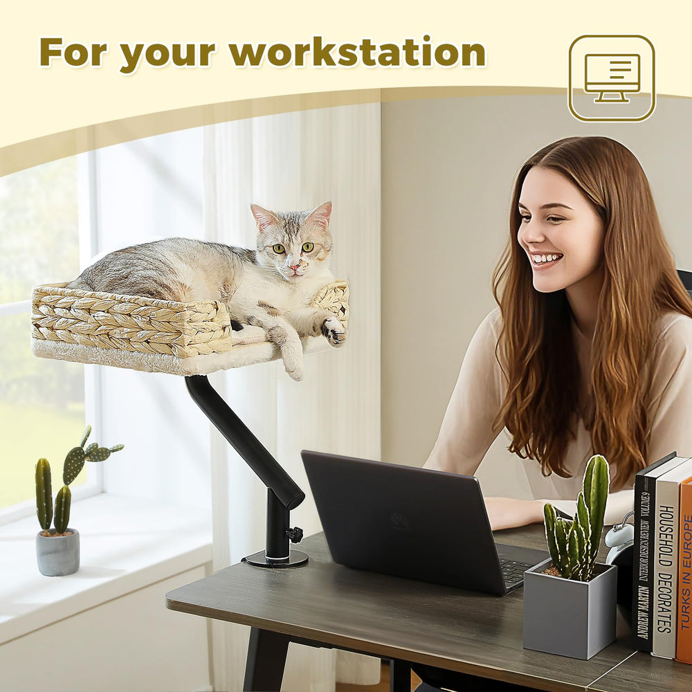 PAWZ Road cat desk bed reinforced metal support ensures stable desk-side lounging.