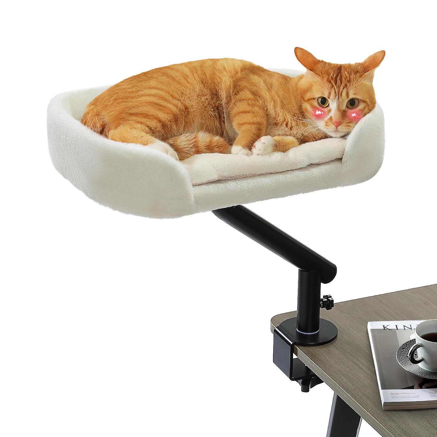 PAWZ Road cat desk bed setup on a white desk offers space-saving comfort.
