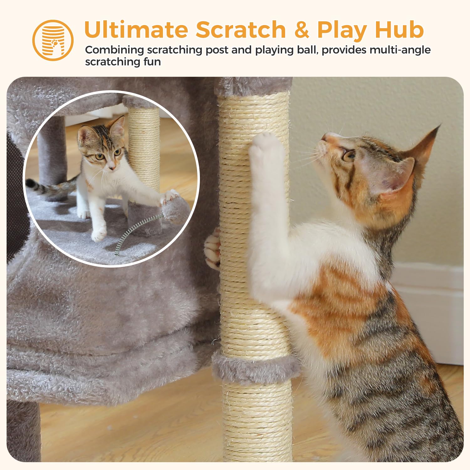 PAWZ Road cat tree shows two sisal scratching posts for claw maintenance.