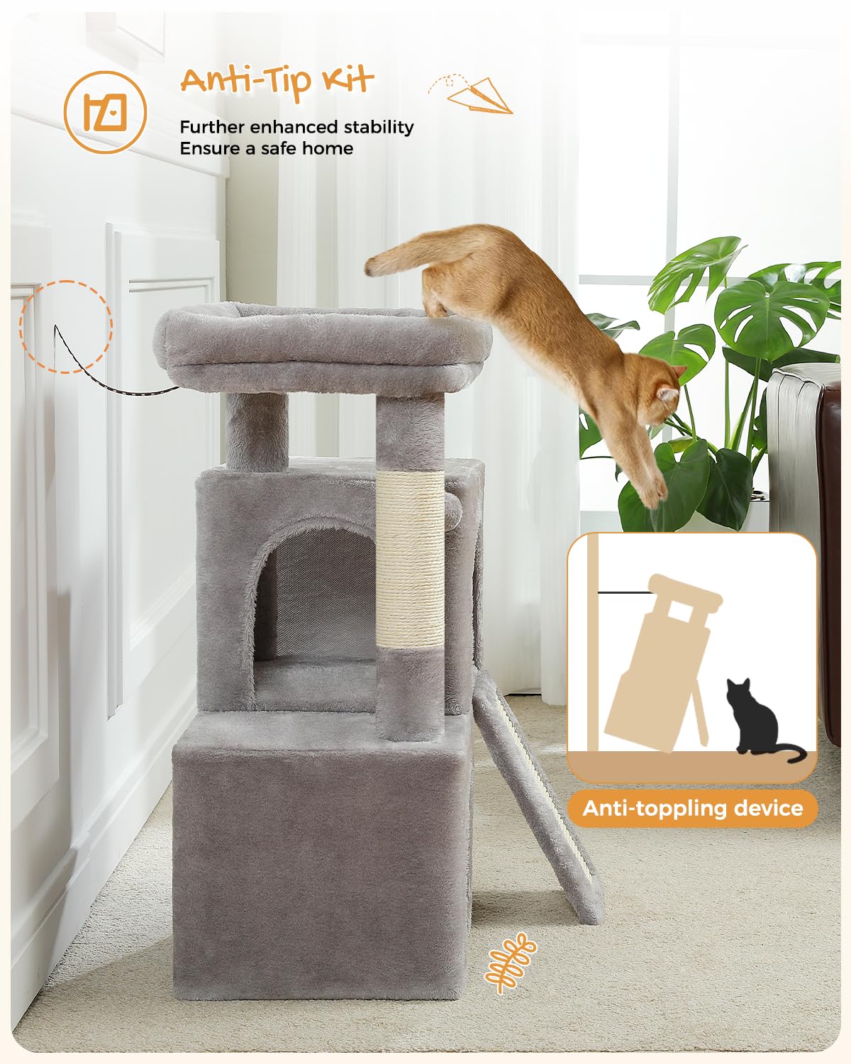 PAWZ Road 30-inch cat tree includes wall strap for added stability.