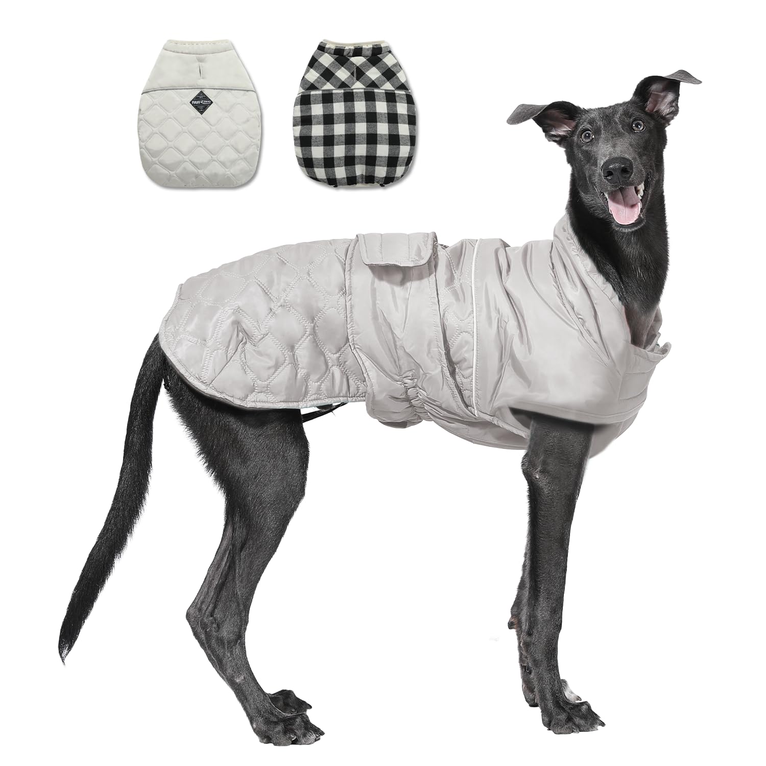 PAWZ Road dog winter coat plaid side view shows two-in-one style for indoor warmth