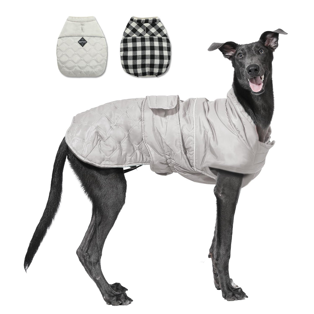 PAWZ Road dog winter coat plaid side view shows two-in-one style for indoor warmth