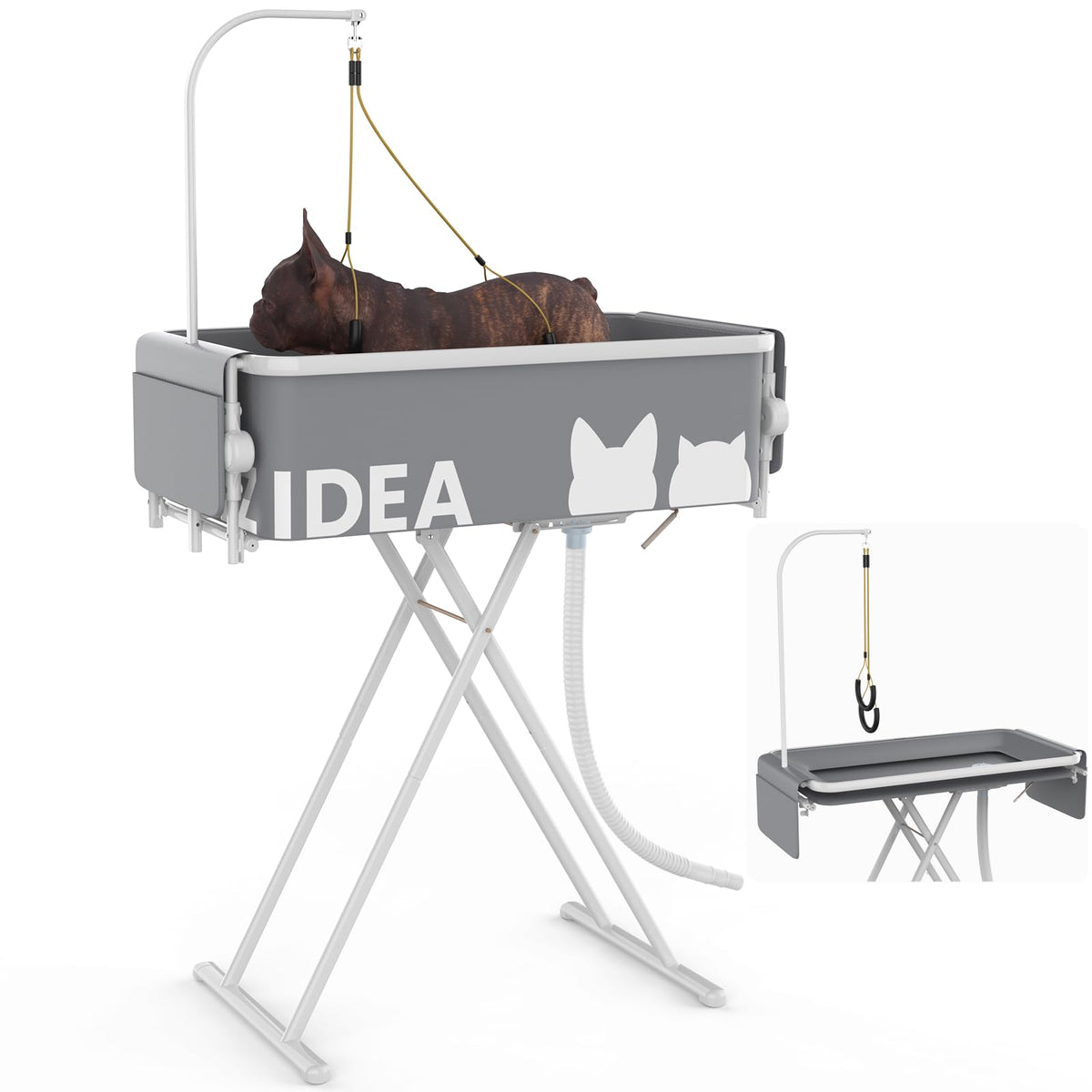 PAWZIDEA 2-in-1 tub and grooming top frame shown, compact for easy home storage.