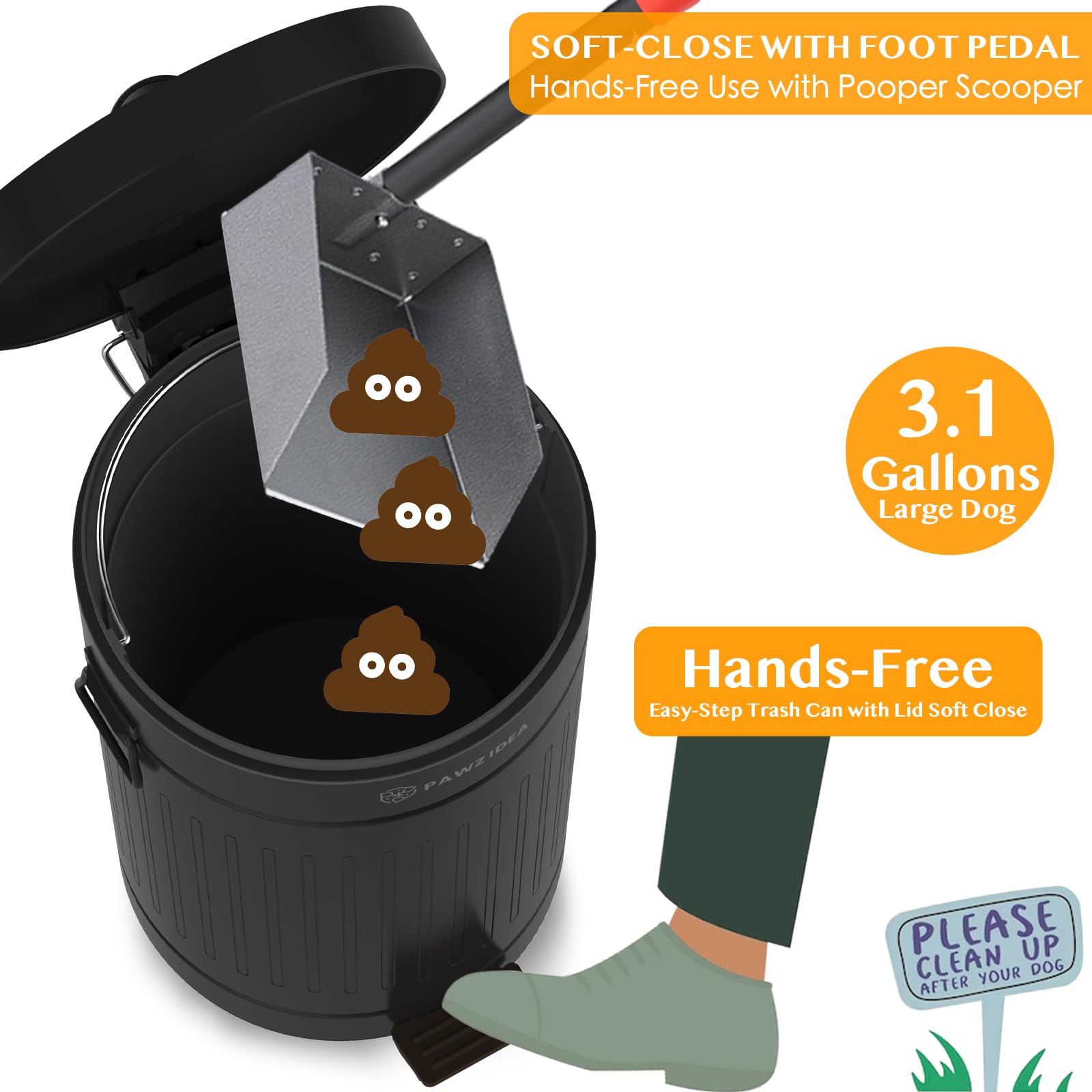 PAWZIDEA BPA-free odorless inner bucket simplifies waste handling.