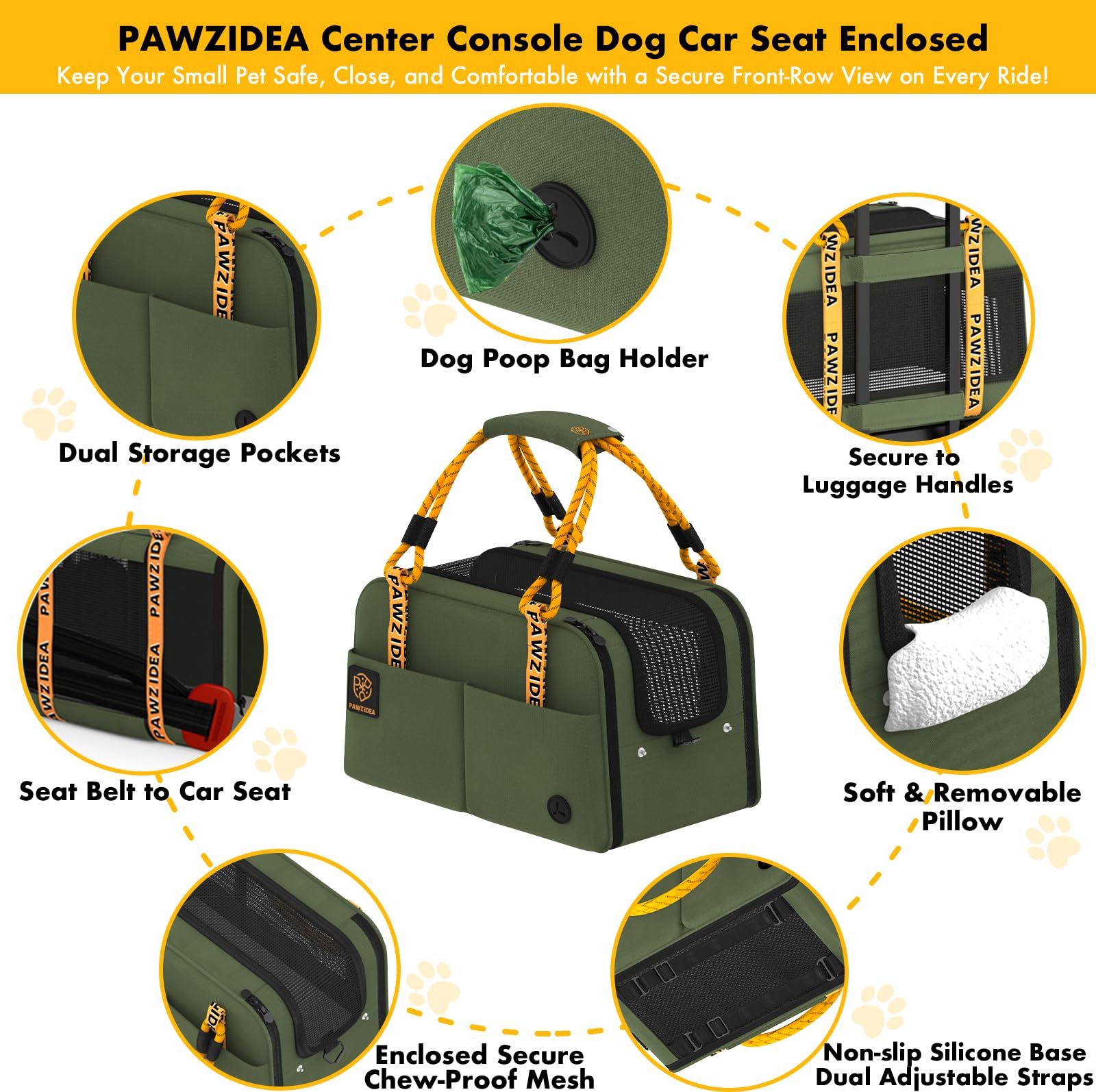 PAWZIDEA Center Console Dog Car Seat removable pillow supports head and neck