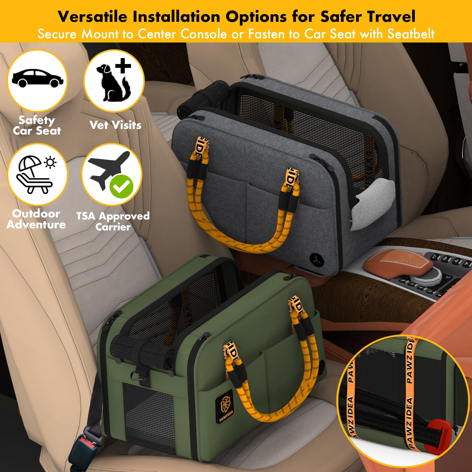 PAWZIDEA Center Console Dog Car Seat seatbelt loops secure to vehicle