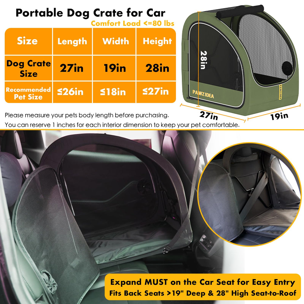 PAWZIDEA crate secured in car seat provides stable travel for medium and large dogs