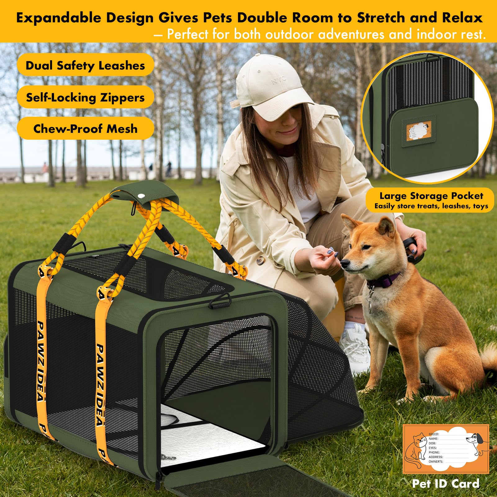PAWZIDEA large pet carrier 360° ventilation mesh top for calm, cool travel.
