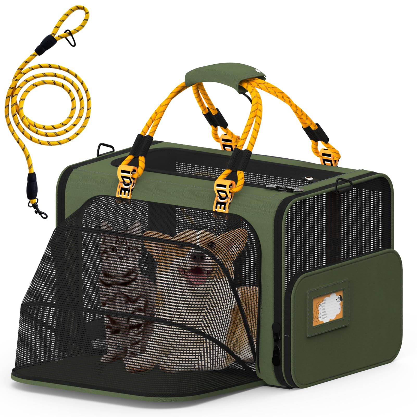 PAWZIDEA large pet carrier expandable front view with extra space for two cats.