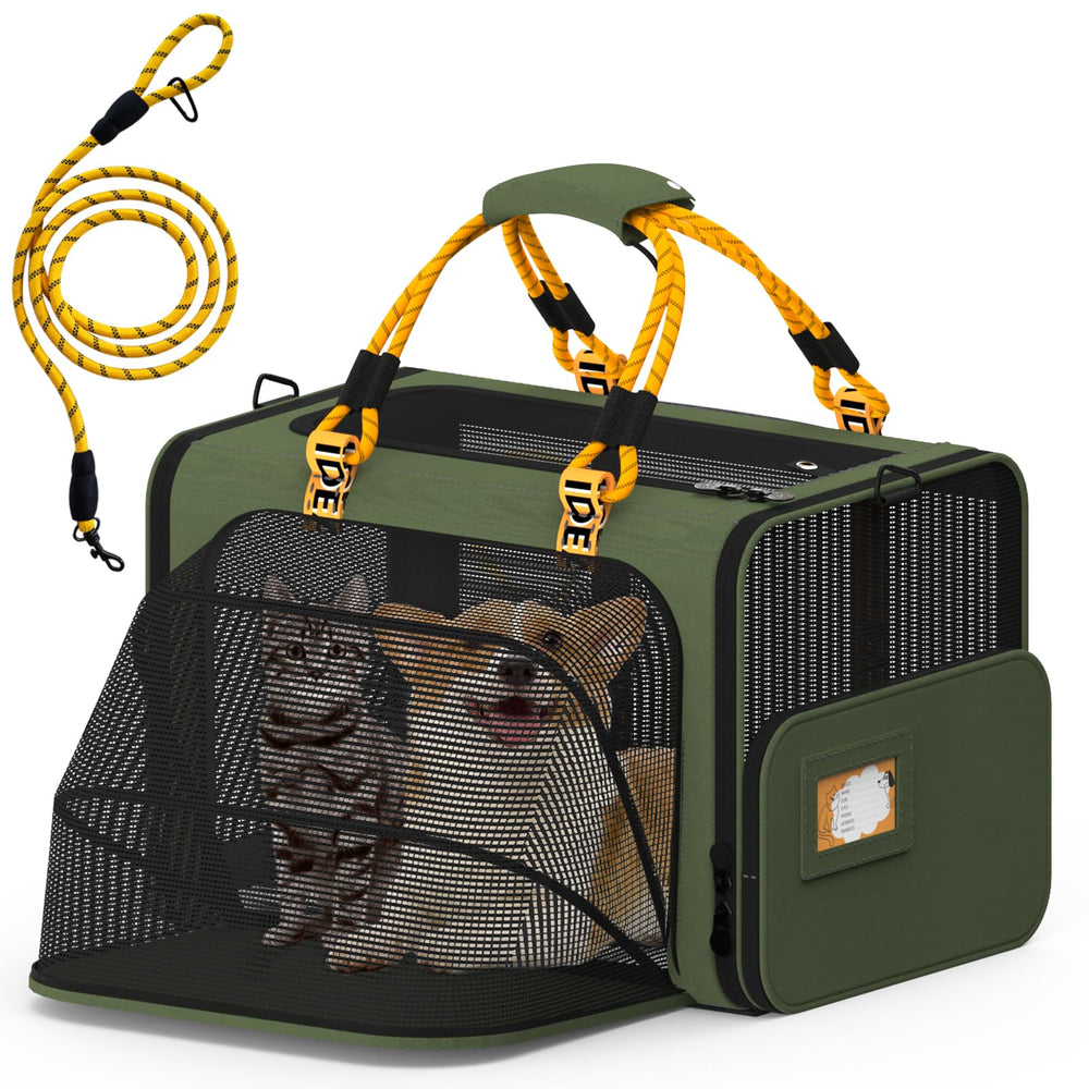 PAWZIDEA large pet carrier expandable front view with extra space for two cats.