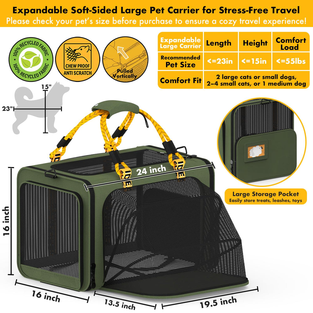 PAWZIDEA large pet carrier expanded interior space ideal for multi-cat travel.