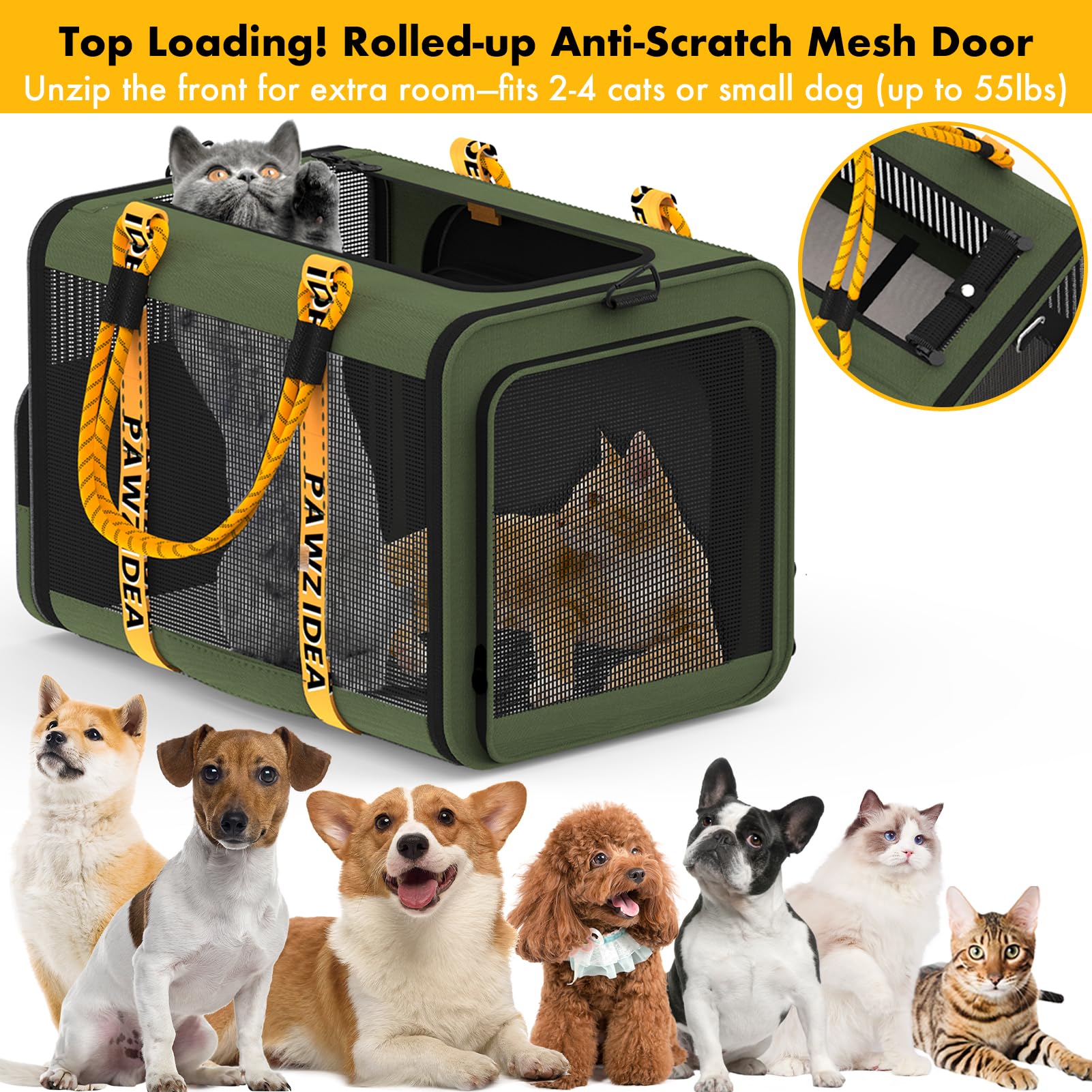 PAWZIDEA large pet carrier 3-in-1 design for car travel and shoulder bag.