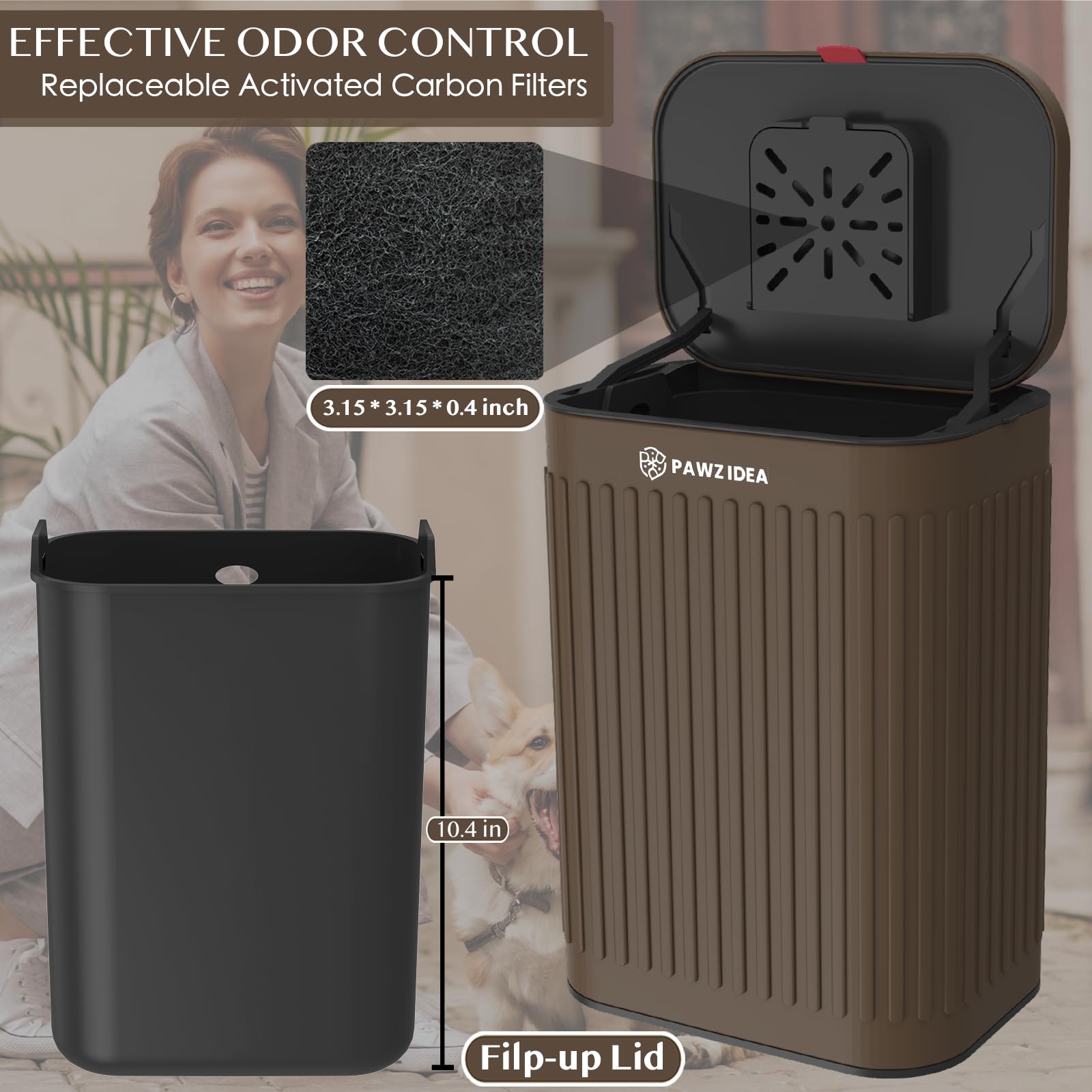 PAWZIDEA lid with activated carbon absorbs odors for a fresher outdoor space.