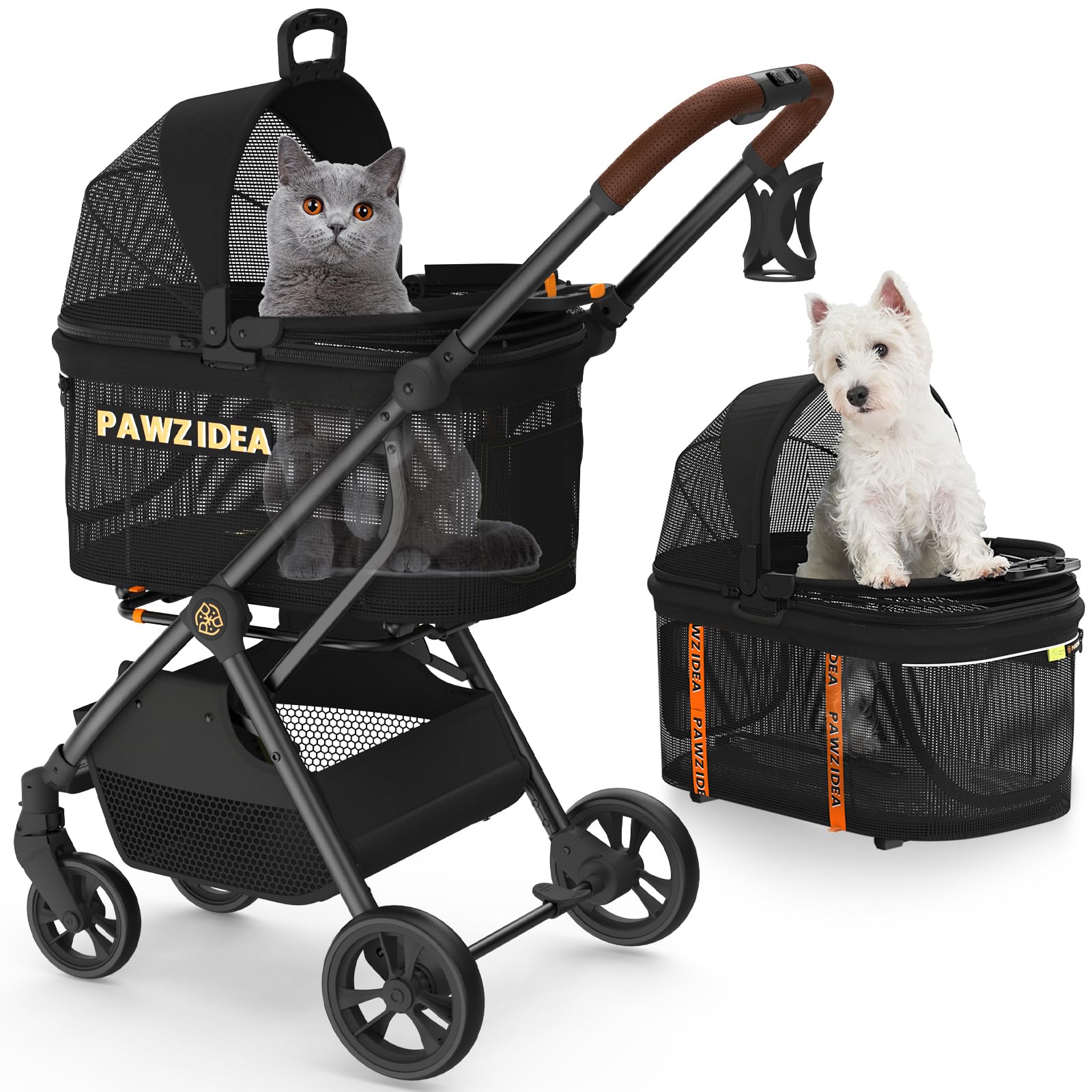 PAWZIDEA pet stroller front view shows easy access and visibility during walks