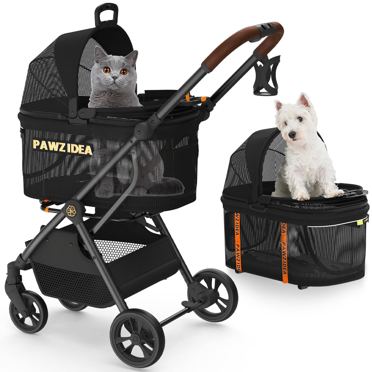PAWZIDEA pet stroller front view shows easy access and visibility during walks
