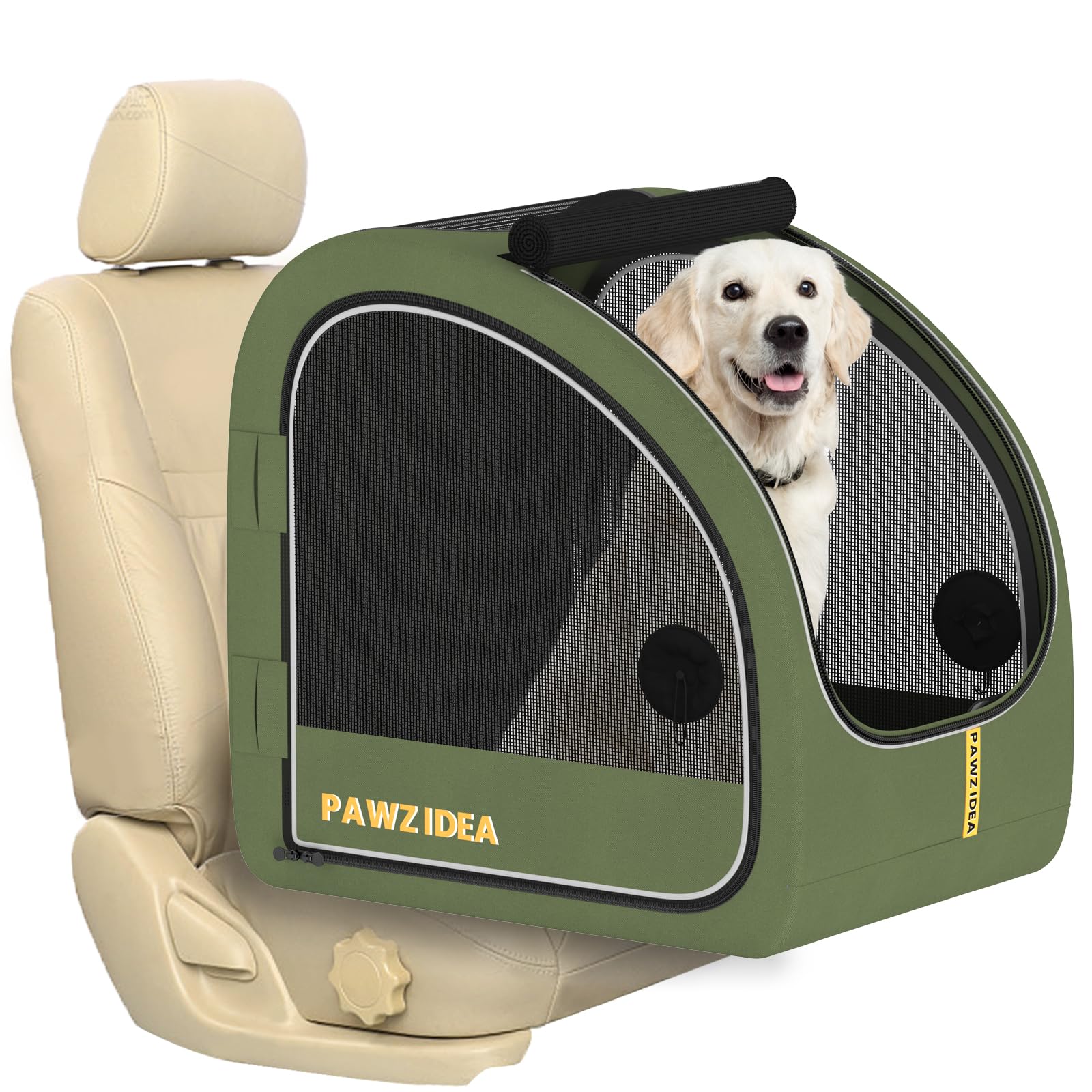 PAWZIDEA portable dog crate setup demonstrates quick assembly for easy road trips