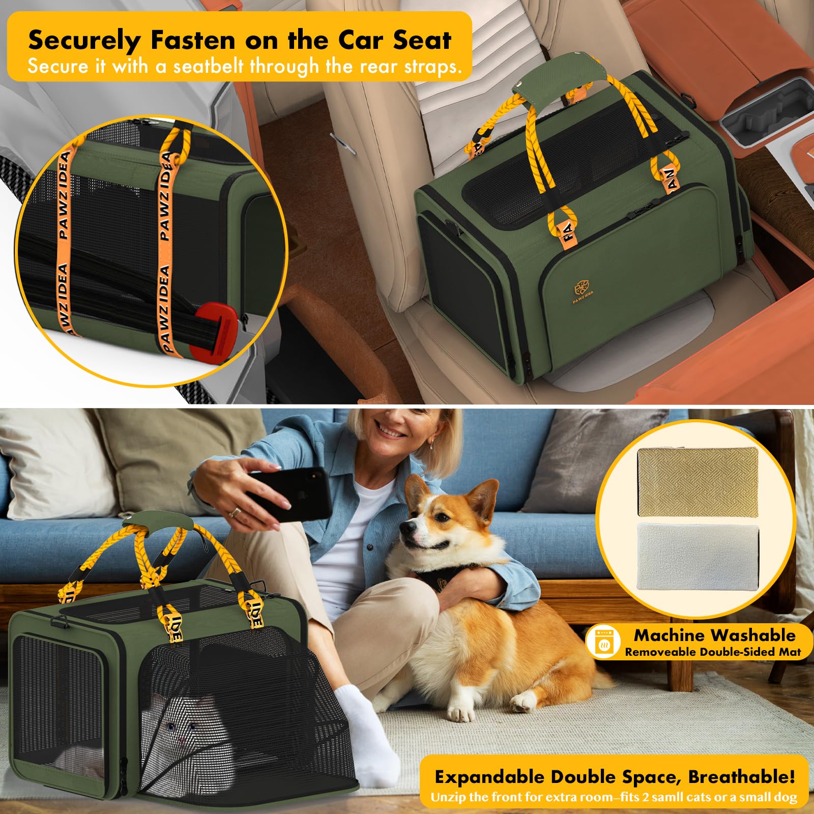 PAWZIDEA safety leash clip keeps pets secure inside the carrier