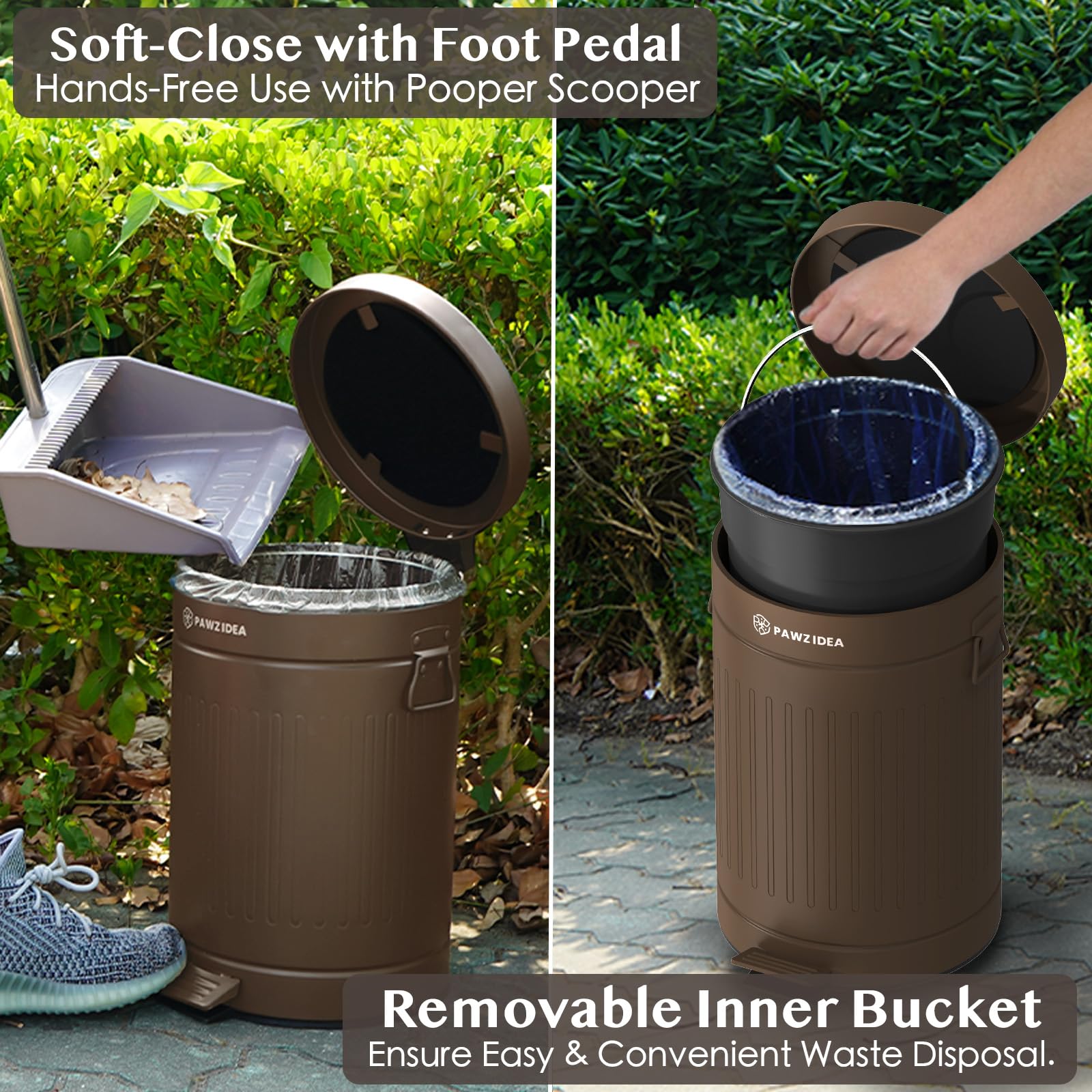 PAWZIDEA step-on pedals for hands-free, smooth waste disposal.