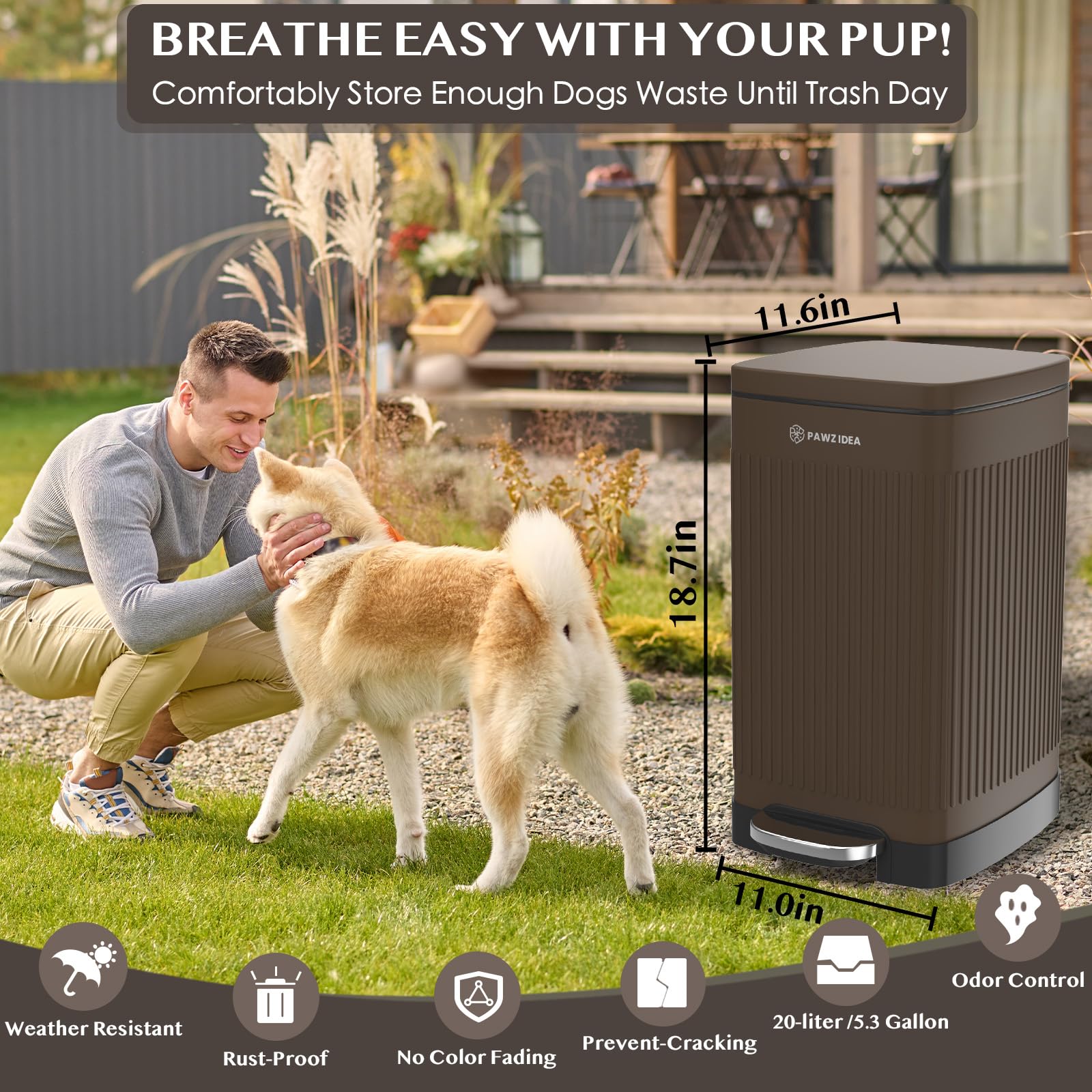 PAWZIDEA weather-resistant outdoor bin withstands rain, sun, and heat.