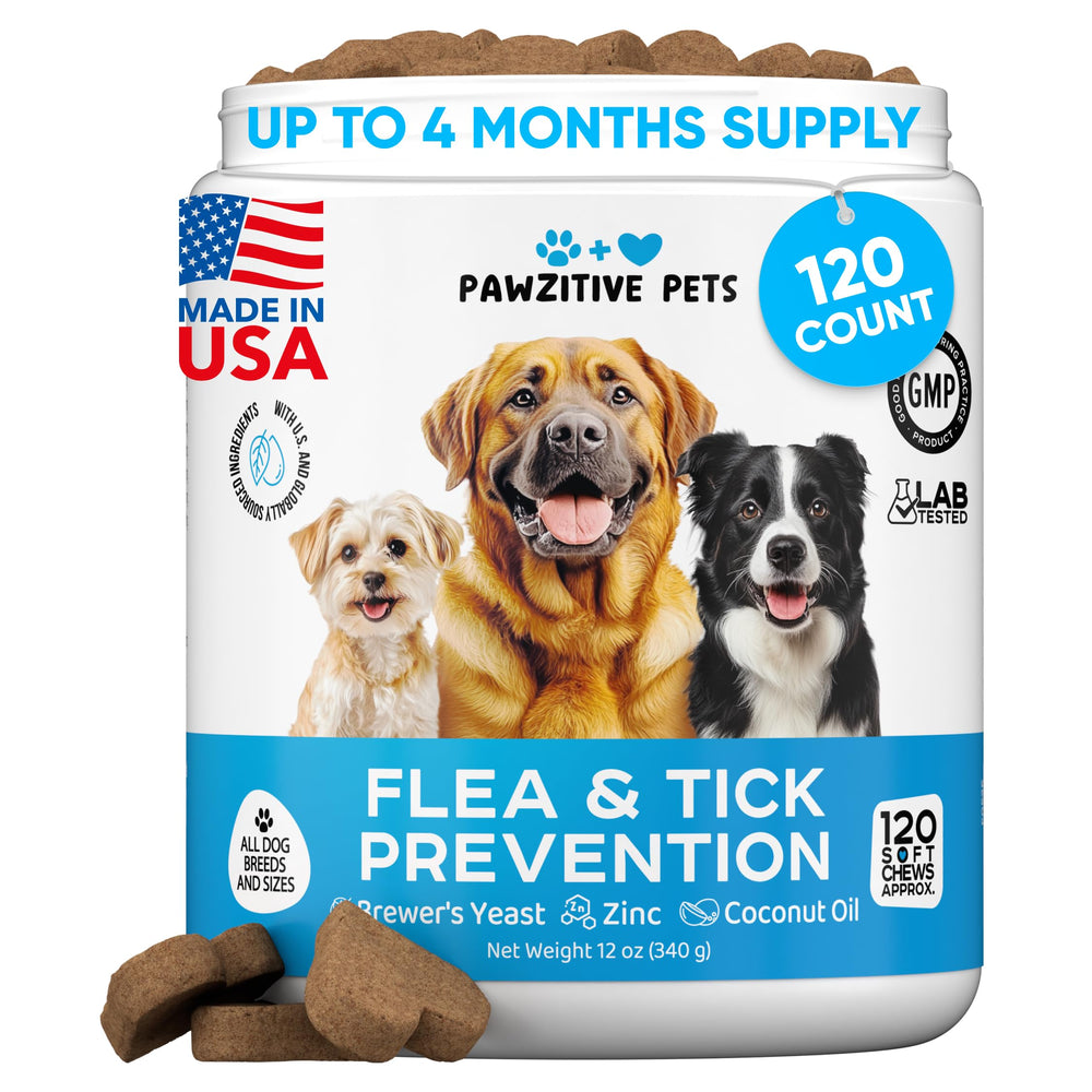 Pawzitive Pets chewable flea-tick protection bottle demonstrates convenient, all-in-one prevention.