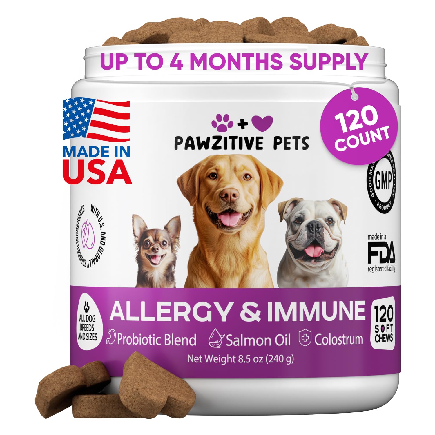 Pawzitive Pets packaging shows veterinary-developed seasonal allergy support