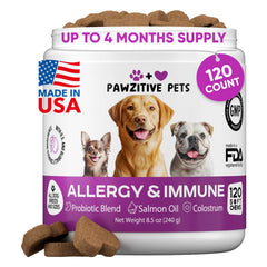 Pawzitive Pets packaging shows veterinary-developed seasonal allergy support