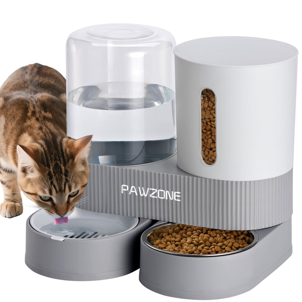 Pawzone 2-pack automatic cat feeder grey front view shows large capacity feeding.