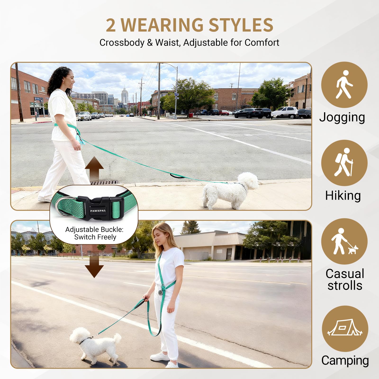 PAWZPAL crossbody leash worn for convenient hands-free control during hikes.