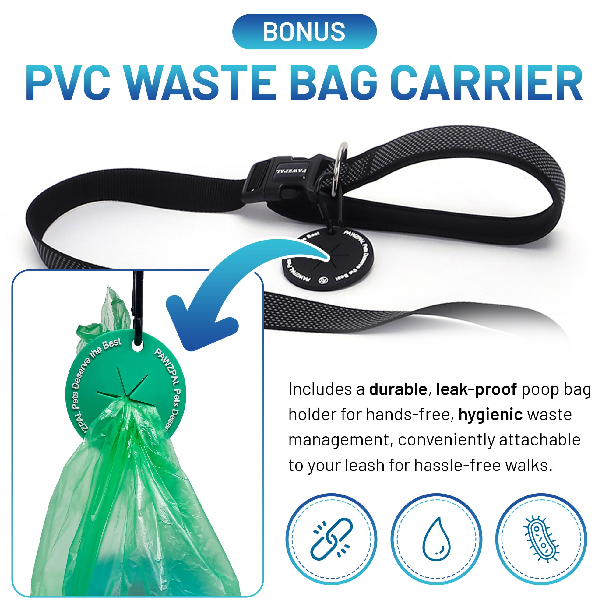 PAWZPAL PVC waste bag carrier attached for convenient waste management.
