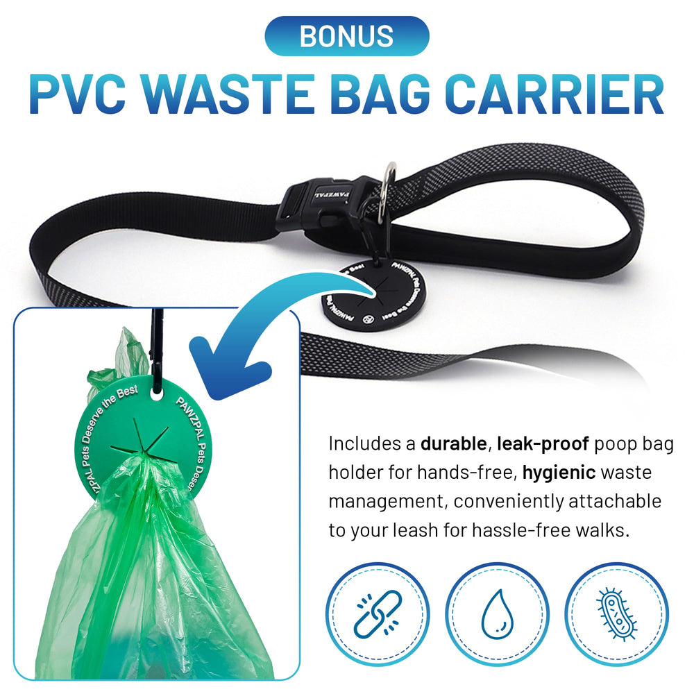 PAWZPAL PVC waste bag carrier attached for convenient waste management.