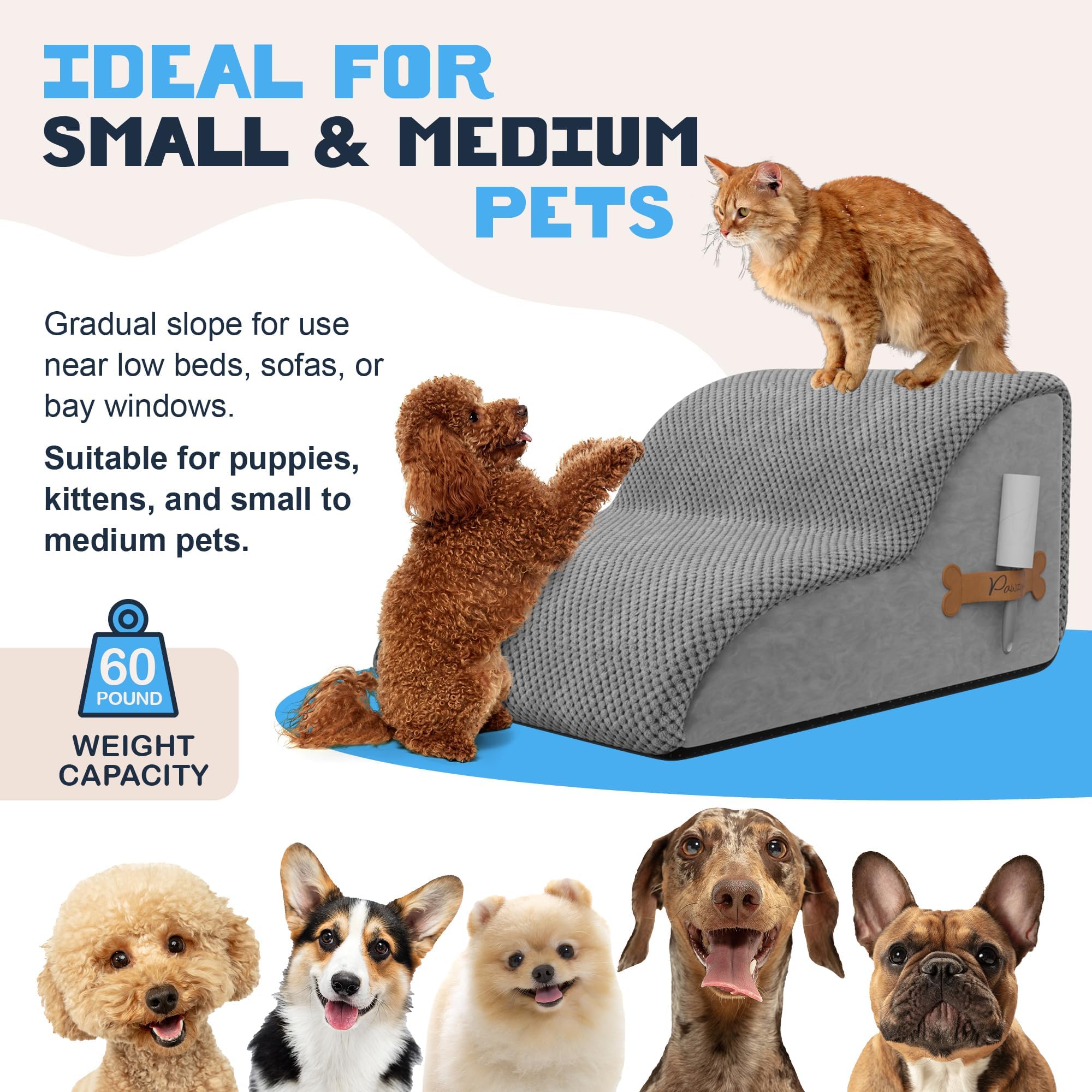 PAWZY Foam Pet Stairs dimensions 12x20 fit compact spaces.