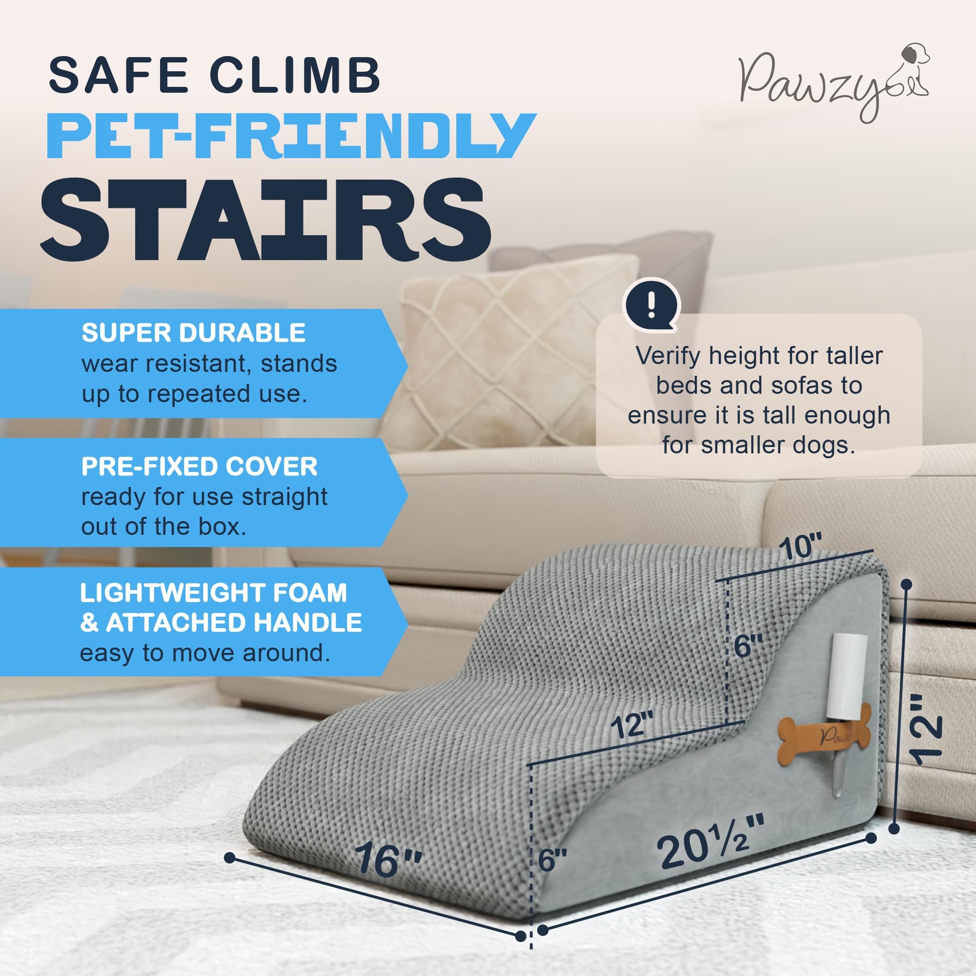 PAWZY Foam Pet Stairs on bed show wide steps for small pets.