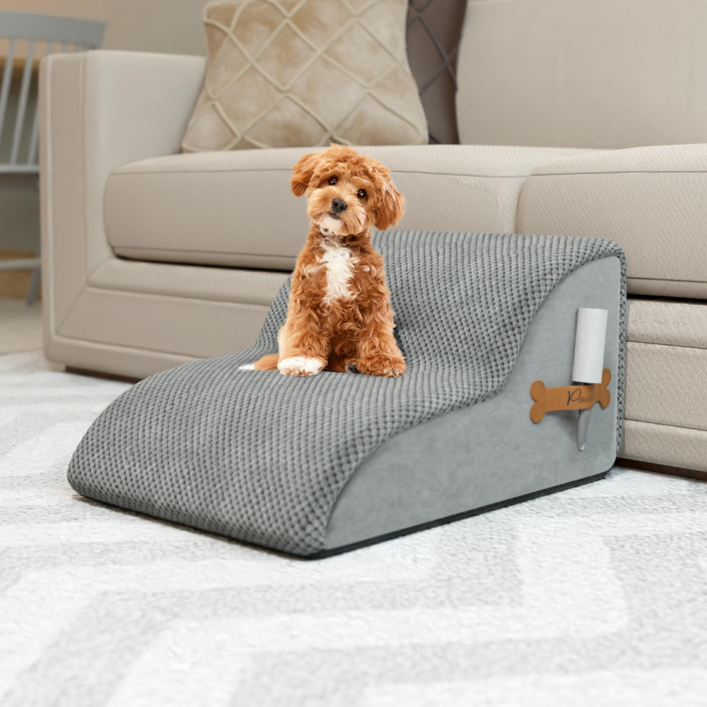 PAWZY Foam Pet Stairs with lint roller holder reduces pet hair.